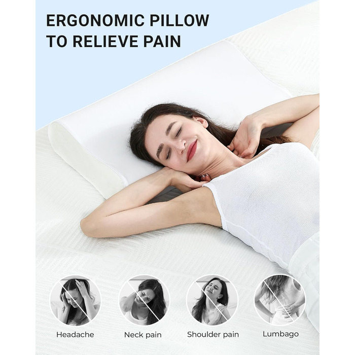 Подушка ортопедична з піни Memory Foam Elviros, регульована, для сну на боку та спині, знімний дихаючий чохол (біла)