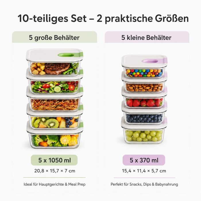 Набір скляних контейнерів для їжі та зберігання продуктів у холодильнику, органайзер для Meal Prep, 10 шт, рожевий та зелений