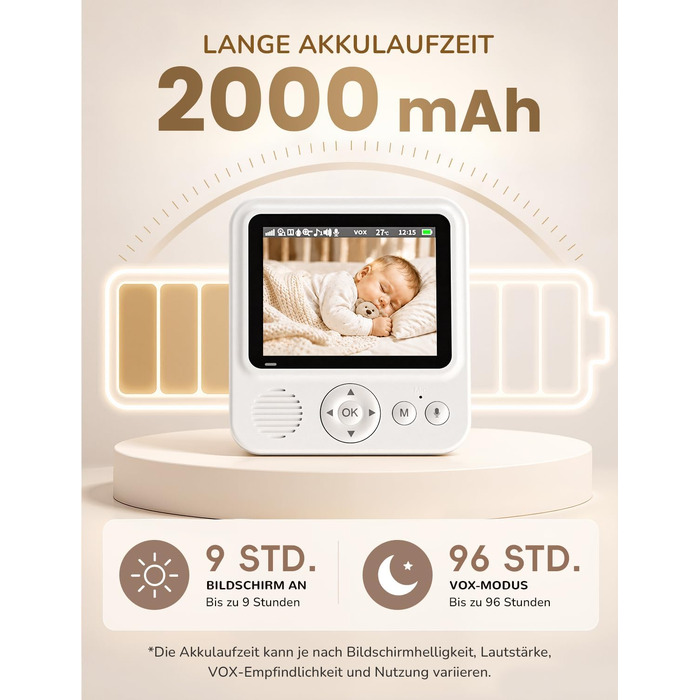 Відеоняня OBVHNUA з камерою без WLAN, дисплей 2.8 дюйма, роздільна здатність 720P, режим VOX, до 96 годин роботи