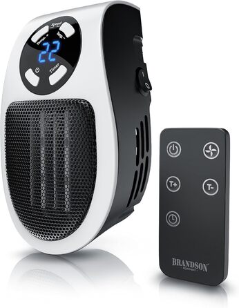 Портативний керамічний обігрівач Brandson для розетки з термостатом, дистанційним керуванням і захистом від перегріву, енергозберігаючий, для ванної та спальні, чорний