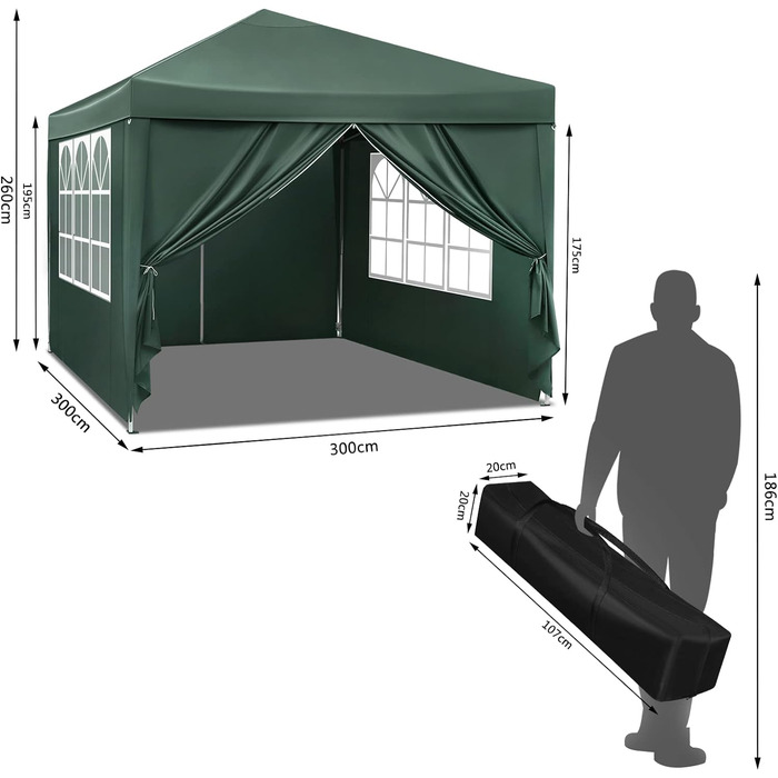 Павільйон WOLTU Pop-Up 3x3 м, водонепроникний, складний, із боковинами, для саду, тераси, кемпінгу, фестивалів, оксфордська тканина, металевий каркас, зелений
