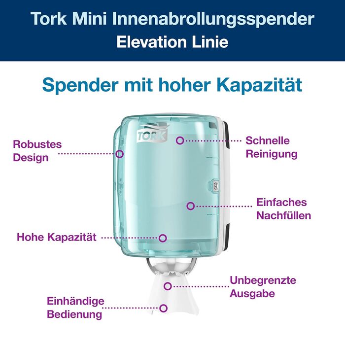 Диспенсер для паперових рушників Tork M2, внутрішня подача, біло-бірюзовий, для гігієнічної видачі по одному листу