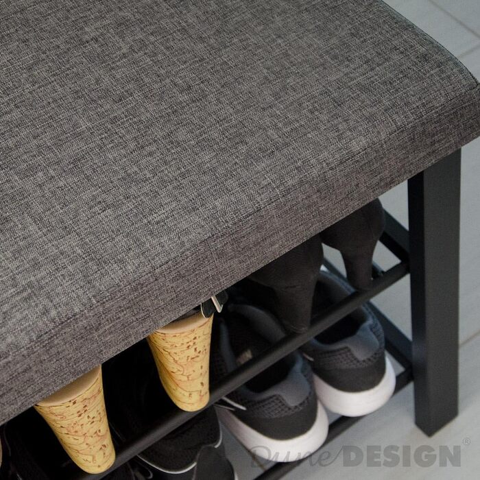 DuneDesign взуттєва полиця 81x32x46 см, відкрита металева лавка для взуття з 2 полицями та м'яким сидінням з льону, сіра