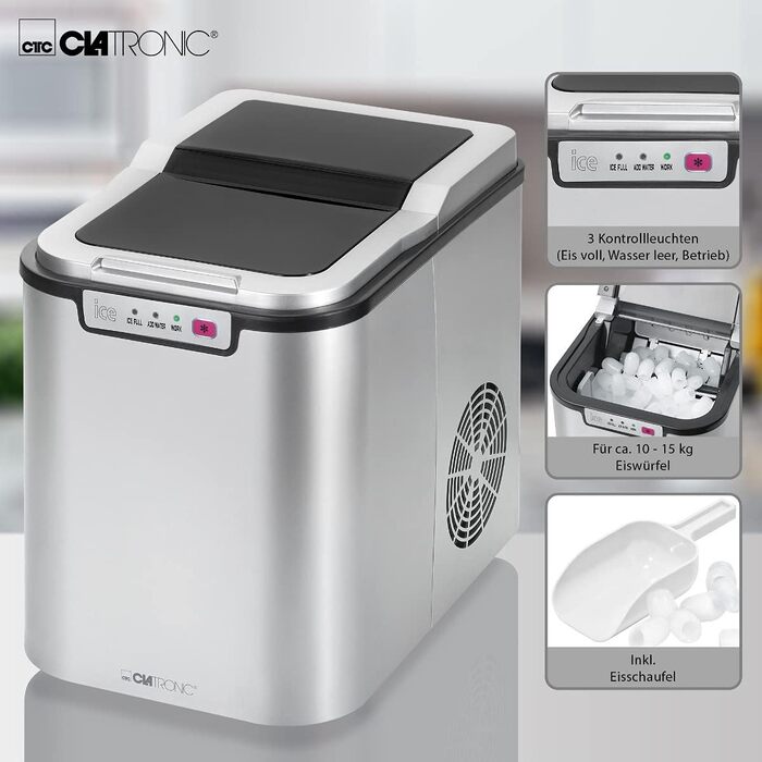 Льодогенератор Clatronic EWB 3785 Inox: Швидке виробництво льоду (10 хв), самоочищення, 12 кг/24 год, резервуар 1.5 л
