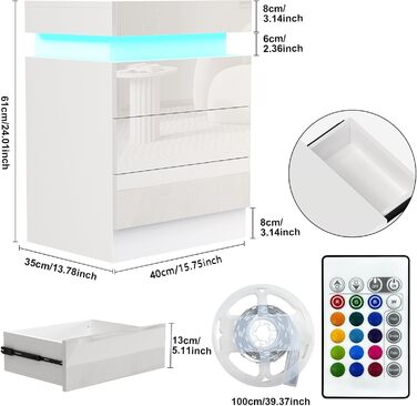 Тумбочки білі з LED-підсвіткою, комплект 2 шт, нічна комод-тумба з 3 шухлядами та відкидною кришкою для спальні та вітальні, 45x35x61 см
