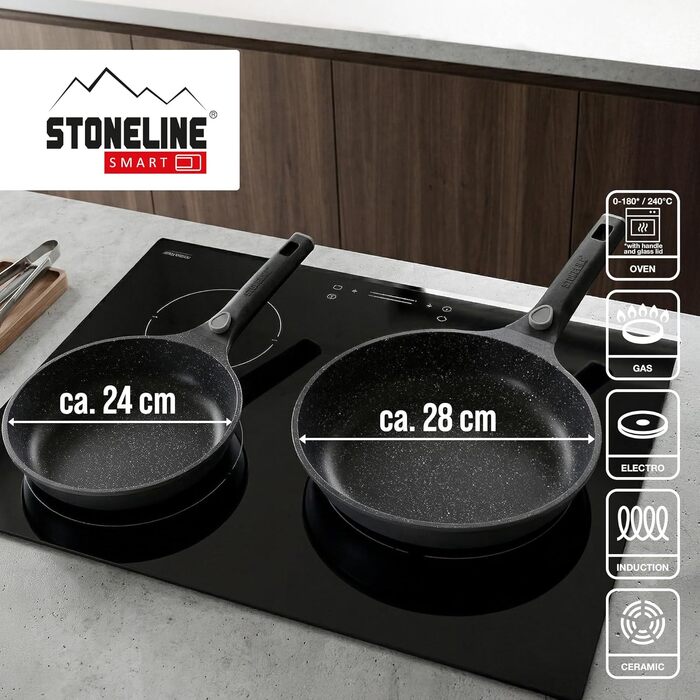 Набір сковорідок STONELINE SMART 2 шт (24/28 см) сірий - алюмінієвий литий корпус, знімні ручки, для всіх типів плит (індукція), антипригарне покриття з кам'яними частинками