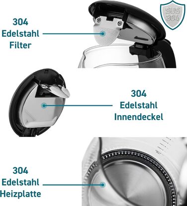 Електричний чайник COSORI зі скла та нержавіючої сталі, 1,7 л, з LED-підсвіткою, захистом від перегріву, BPA Free, швидкий нагрів, 2200 Вт