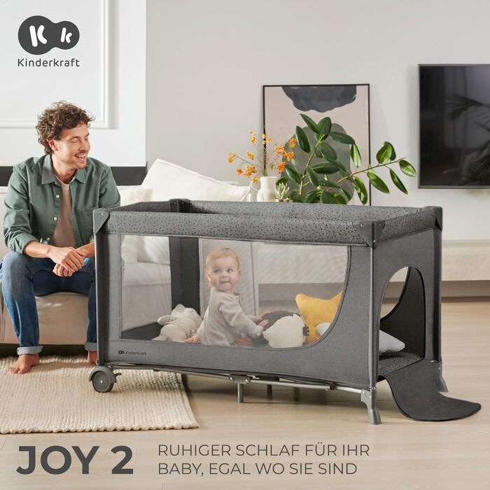Дитяче ліжечко Kinderkraft JOY 2 в 1, дорожнє та класичне, з колесами, компактне, сучасний дизайн, темно-сірий