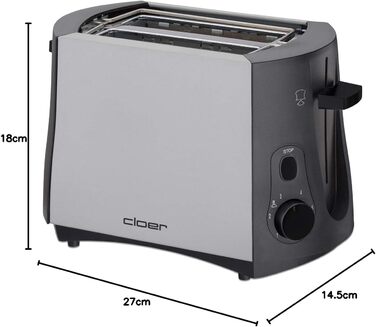 Тостер Cloer 3410, 825 Вт, для 2 тостів, з підставкою для булочок, функція додаткового підйому, піддон для крихт, матовий теплоізольований металевий корпус
