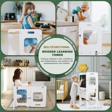 Дитяча стійка-помічник Labebe Montessori 3 в 1: складана навчальна вежа з дошкою для кухні та ванної, біла