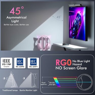 RGB-лампа для монітора Quntis 51 см з підсвічуванням, пультом ДК, 15 режимів, для геймінгу, офісу, USB