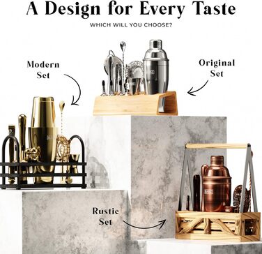 Набір для коктейлів BARE BARREL Mixology Barkeeper-Set, 16 предметів, з коблер-шейкером 24oz, аксесуарами для бару та картками рецептів, латунь/чорний