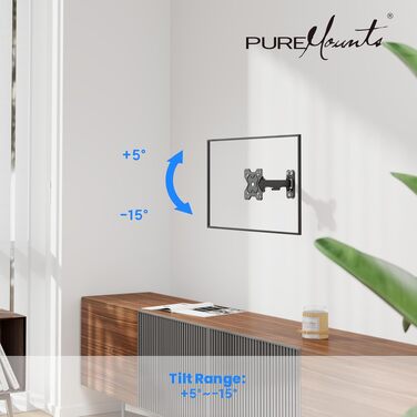 Настінний кронштейн для ТБ та монітора PureMounts, нахильний та поворотний, VESA 100x100 мм, для екранів 13-32 дюйми до 20 кг, чорний