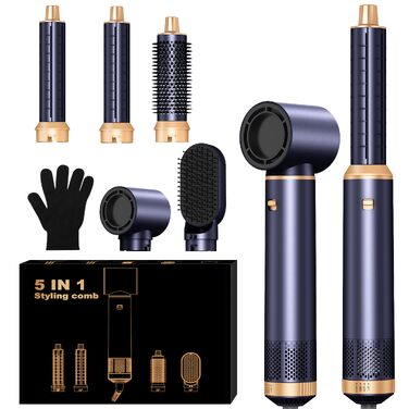 UKLISS 6-в-1 Hairstyler: Фен-щітка для волосся з насадкоми, автоматична плойка, професійний фен для укладання (Золото-блакитний)