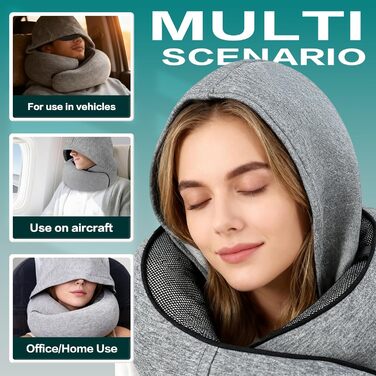 Подорожня подушка для шиї з ефектом пам'яті (Memory Foam) з капюшоном, маскою для сну та берушами — набір для перельотів, авто та поїздів