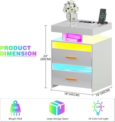 Нічний столик Lvifur з LED-підсвічуванням, сенсором руху та USB/Type-C зарядкою, 2 висувні ящики, бездротова зарядка, 3 кольори, регулювання яскравості, чорний колір