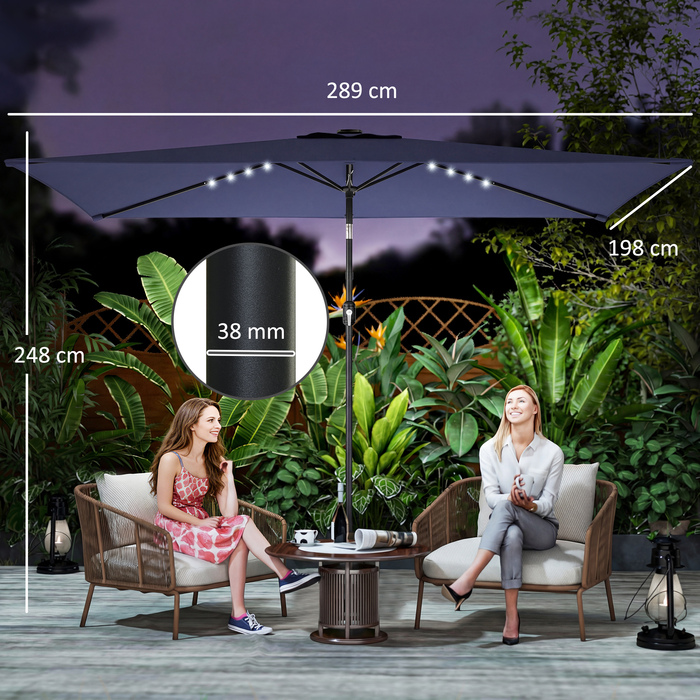 Сонячний парасоль з LED-підсвіткою, приблизно 300 x 200 см, регульований, балконний парасоль з ручним механізмом, захисний чохол, захист від УФ-променів, поворотний, темно-синій