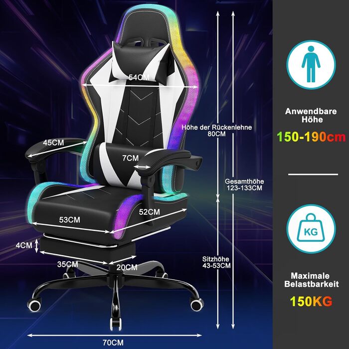Ігровий крісло Devoko з LED підсвічуванням, білий. Ергономічний офісний крісло з функцією масажу, телескопічною підніжкою, регулюванням спинки 90-135°, вантажопідйомність 150 кг