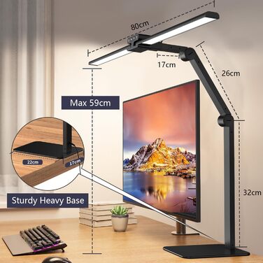 LED лампа для столу KableRika з двома головками: 24W, регульована яскравість, захист очей, для офісу та дому, сучасна лампа-світлодіод для монітора, чорна