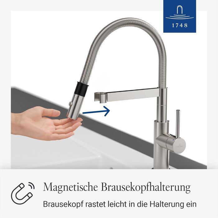 Змішувач кухонний Villeroy & Boch Steel Expert Compact, нержавіюча сталь, поворотний вилив, економія води, висота 143 мм