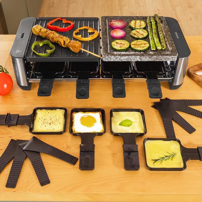 Електричний гриль-раклениця Cecotec MixGrill 16000 Inox – 1400 Вт, 8 персон, з регулюванням температури, 2 нагрівальні пластини (алюміній та натуральний камінь) 20x22 см, 8 сковорідок та 8 лопаток