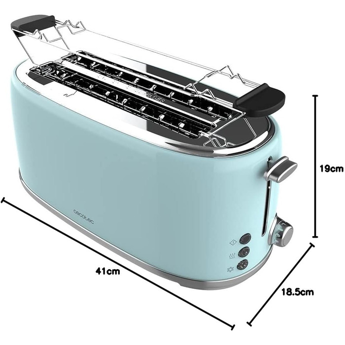 Тостер Cecotec Toast&Taste 1600 Retro Double 1630W, нержавіюча сталь, 4 слоти, регульована потужність, синій ретро-дизайн