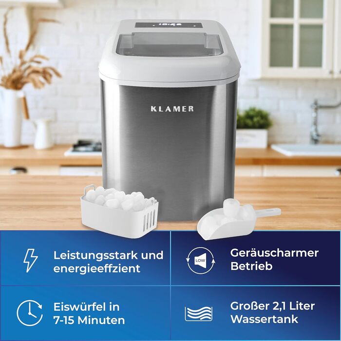 Льодогенератор KLAMER білий, 15 кг/добу, 2 розміри кубиків, 2,1 л, 120 Вт, таймер, тиха робота, лопатка, швидке приготування льоду за 7-9 хвилин