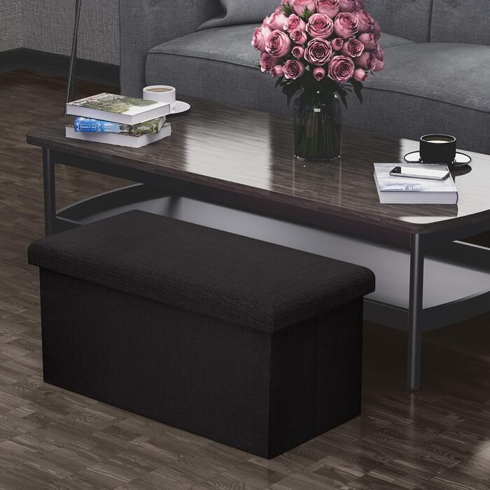 Складана пуф-скриня INTIRILIFE 78x38x38 см, чорна, діамант, з відділенням для зберігання, тканина під льон, багатофункціональний пуф-куб, підставка для ніг, органайзер, банкетка