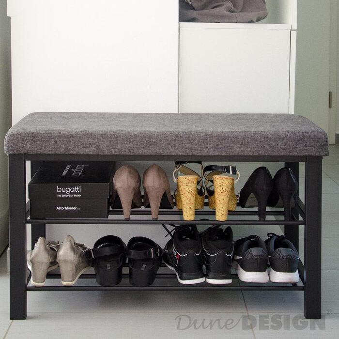 DuneDesign взуттєва полиця 81x32x46 см, відкрита металева лавка для взуття з 2 полицями та м'яким сидінням з льону, сіра