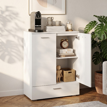 Сучасна бічна тумба (sideboard), окрема шафа для зберігання з шухлядою та регульованою полицею, біла