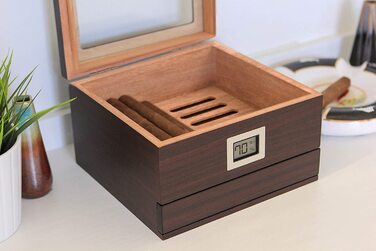 Ручний хьюмідор Case Elegance з кедра з цифровим гігрометром, зволожувачем та шухлядою для аксесуарів, на 25-50 сигар, коричневий