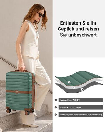 Набір валіз для подорожей KONO (3 предмети), жорсткий корпус ABS+PC, колір зелений/коричневий