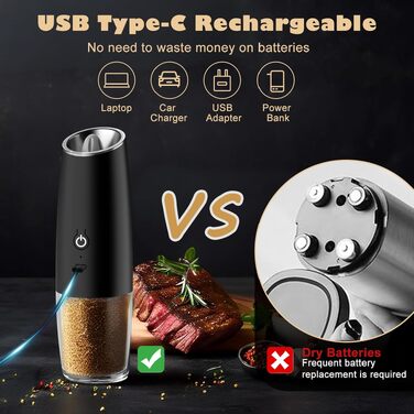 Набір електричних млинків для солі та перцю (2 шт), USB-аккумуляторні, з LED-підсвіткою та великою ємністю, чорні — для кухні та BBQ