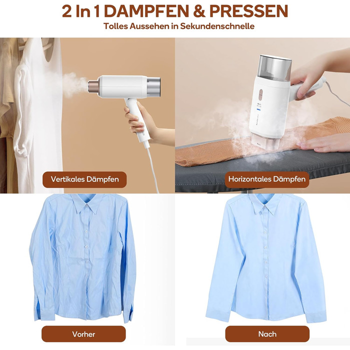 Newbealer парова праска-стимер для одягу, дорожня, складна, швидкий нагрів 20 сек, подвійна напруга 220В/120В, біла