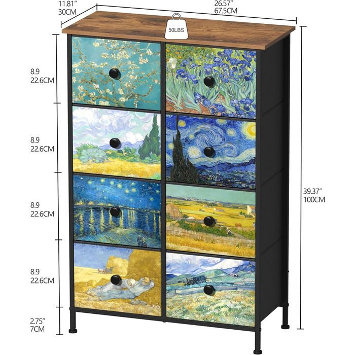 Вузька комод VEDECASA з 8 шухлядами Van Gogh для спальні, дитячої, вітальні, коридору, офісу, металевий каркас, дерев'яна стільниця, тканинні шухляди, 30×67×100 см