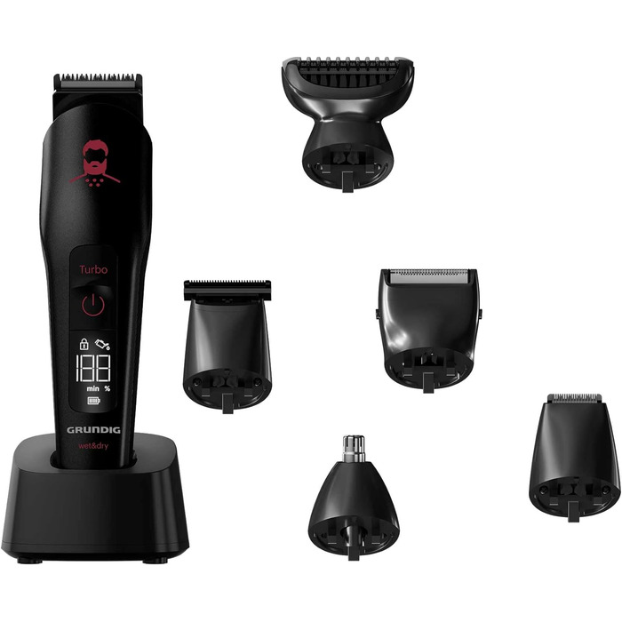 Машинка для стрижки GRUNDIG MGK 9030 ProClub, сенсор для бороди, вологе та сухе використання, літій-іонний акумулятор, титанове лезо, чорний/червоний