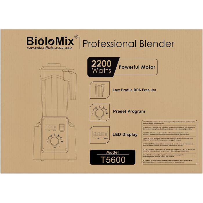 Потужний блендер BioloMix 2200 Вт з функцією самоочищення, стаціонарний міксер із 2-літровою без BPA чашею, смузі-мейкер T5600