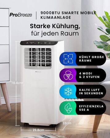 Мобільний кондиціонер Pro Breeze 9000 BTU 4-в-1: охолодження, вентиляція, осушення, нічний режим. Клас енергоефективності A, пульт, таймер 24 год, управління зі смартфона