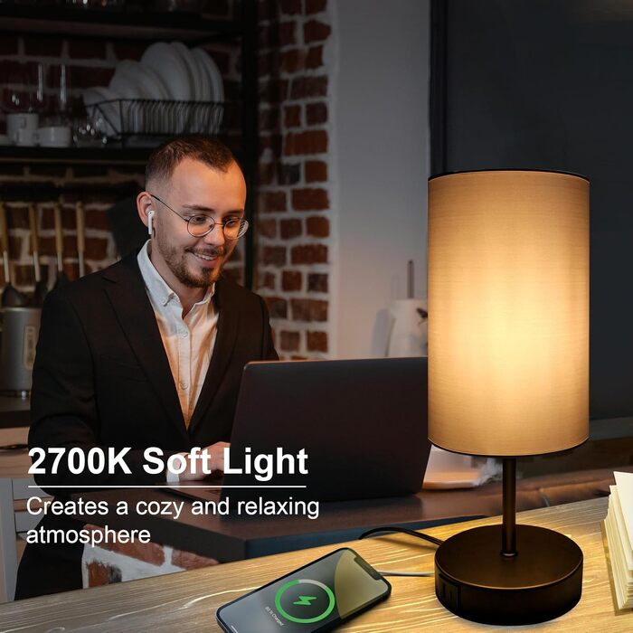 Настільна лампа Wondlumi чорна з димером, сенсорна, USB, E27, з абажуром, 6Вт LED, для спальні, сучасна, подарунок