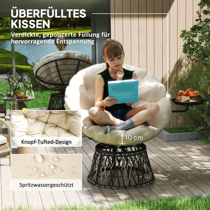 Крісло Outsunny Papasan Ротанг 360° Поворотне плетене крісло з подушкою Діаметр 90 см Кругле зовнішнє ротангове крісло Поворотне крісло Крісло для відпочинку Крісло для відпочинку Крісло для вітальні Сад Балкон бежевий