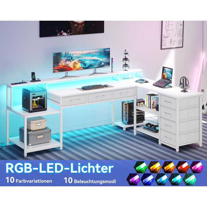 Ігровий кутовий стіл Coleshome з RGB підсвіткою, 7 ящиків, 179.5x135.5 см - білий