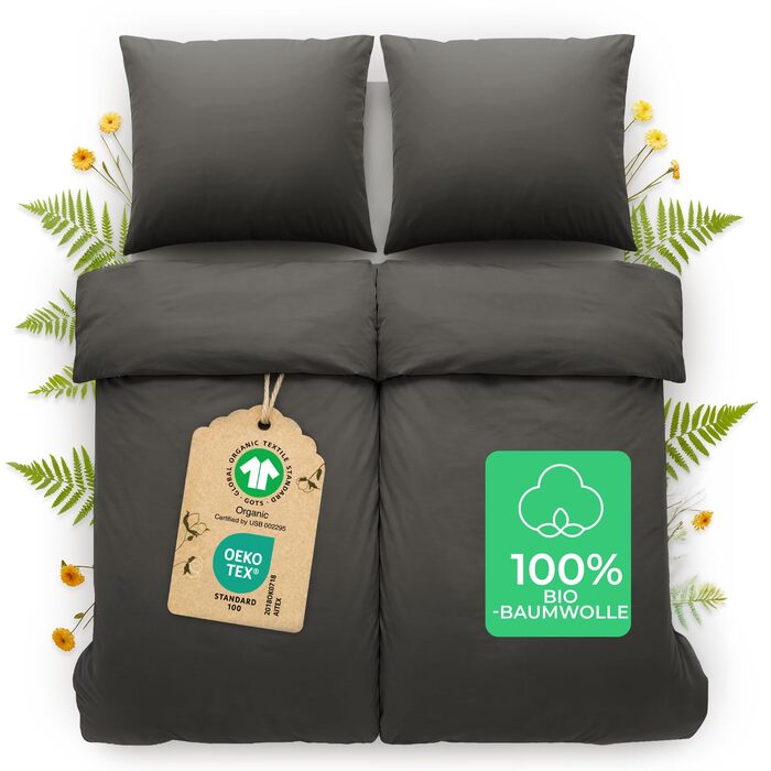 Комплект постільної білизни Dreamzie з біо-бавовни, 4 предмети (135x200 см + 2 наволочки 80x80 см), антрацитовий