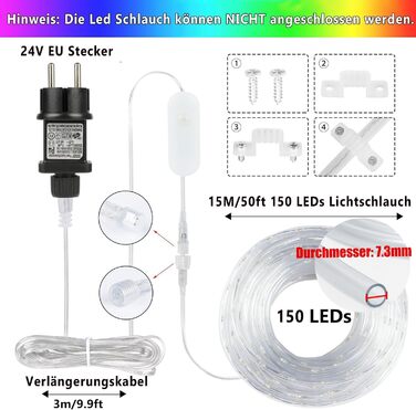 LED гірлянда-шланг StarryEver 15 м для вулиці та дому, 150 LED, IP68, 16 кольорів, з пультом, для саду, балкона, кімнати