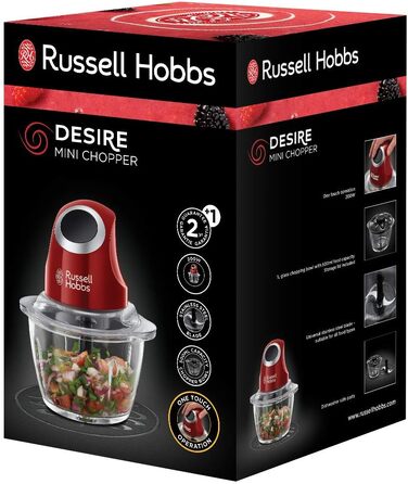 Електричний міні-подрібнювач Russell Hobbs Desire (24660-56) для овочів, фруктів та м'яса, скляна чаша 500 мл з кришкою для зберігання, червоний