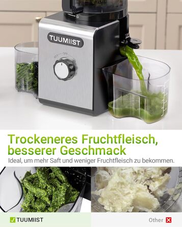 TUUMIIST Шнековий соковитискач XXL, 150 мм, 3 л, для сім'ї, 99% вижимка, BPA-free, REV Anti-Blockier System, чорний