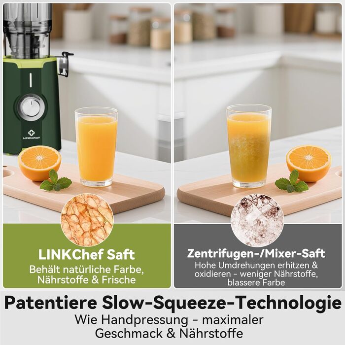LINKChef Швидковичавник Slow Juicer: холодний віджим, для овочів та фруктів, легко миється, BPA Free, 200W (зелений)