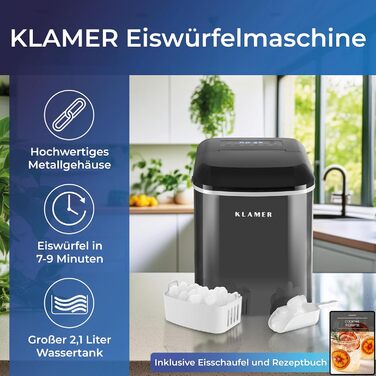 Льодогенератор KLAMER компактний з лопаткою, 2 розміри льоду, 10 кубиків за 7 хв, 15 кг/добу, тихий, з таймером, чорний 2.1л