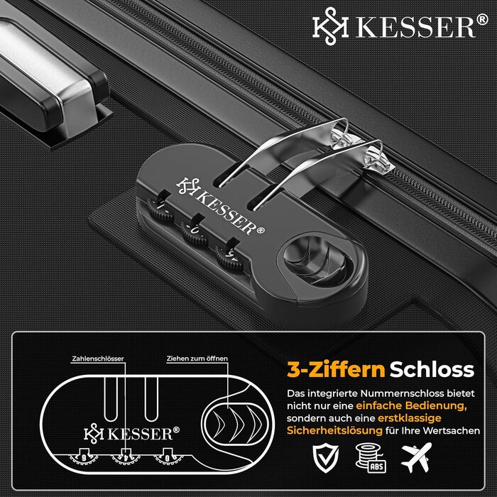 Набір валіз KESSER® 3шт з ABS-пластику: велика, середня, маленька. Валіза-тележка з замком, коліщата 4 шт., ваги в комплекті. Чорний колір.
