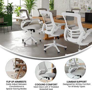 Ергономічне офісне крісло Flash Furniture, сітка, середньої висоти, з відкидними підлокітниками, світло-сіра сітка/білий каркас, 64.77x62.23x104.78 см