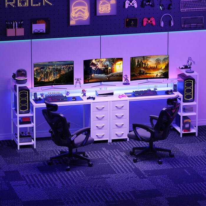 Ігровий стіл YOUDENOVA 150x50 см з LED-підсвіткою, розеткою та шухлядами, стільниця з карбонового волокна, білий